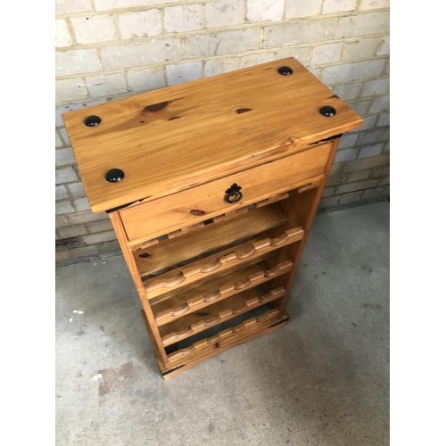 156 - Pine open fronted wine rack with a single drawer