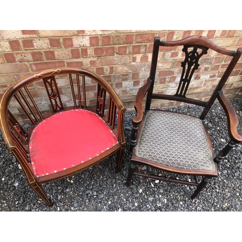 175 - A inlaid salon chair together with another mahogany carver chair