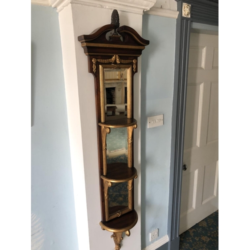 226 - A reproduction mahogany hall mirror shelf with gold gilt decoration 150cm high