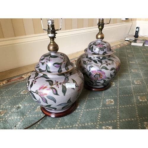 234 - A pair of large grey floral patterned table lamps and shades 60cm high