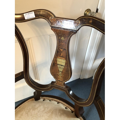 238 - An Edwardian bone inlaid mahogany salon chair with beige upholstered seat