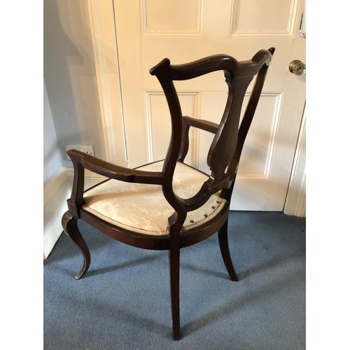 238 - An Edwardian bone inlaid mahogany salon chair with beige upholstered seat