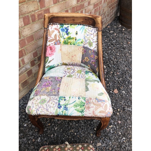 304 - A mahogany bedroom chair upholstered in a patchwork fabric, together with a Victorian footstool