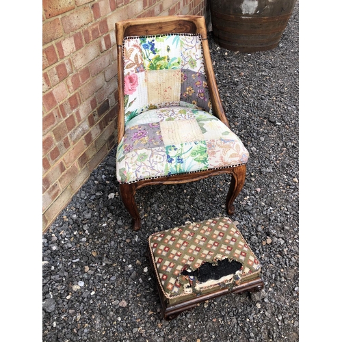 304 - A mahogany bedroom chair upholstered in a patchwork fabric, together with a Victorian footstool