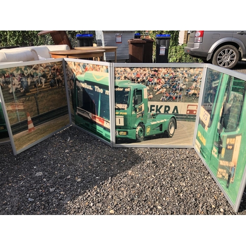 308 - A pair of four section screens depicting vintage truck racing images