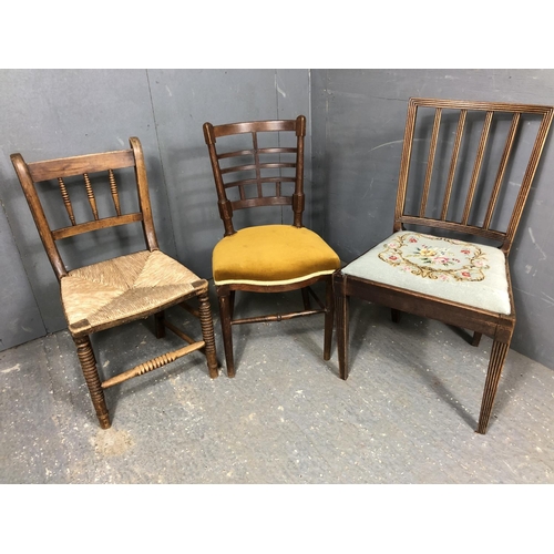 327 - Three antique chairs, two mahogany and one rush seat