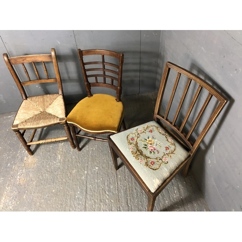 327 - Three antique chairs, two mahogany and one rush seat