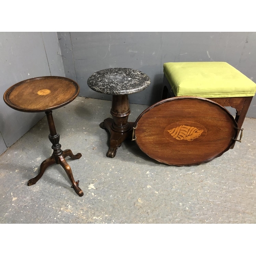 333 - A Georgian tripod table together with a marble top table, stool and inlaid tray