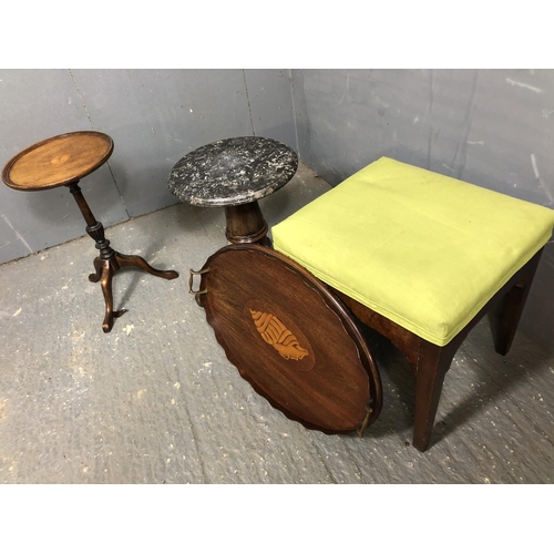 333 - A Georgian tripod table together with a marble top table, stool and inlaid tray