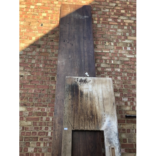 35 - A mahogany laboratory draining board worktop together with another long Mahogany worktop board (larg... 