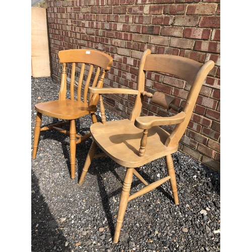 357 - A pine Windsor carver chair together with a pine Windsor chair