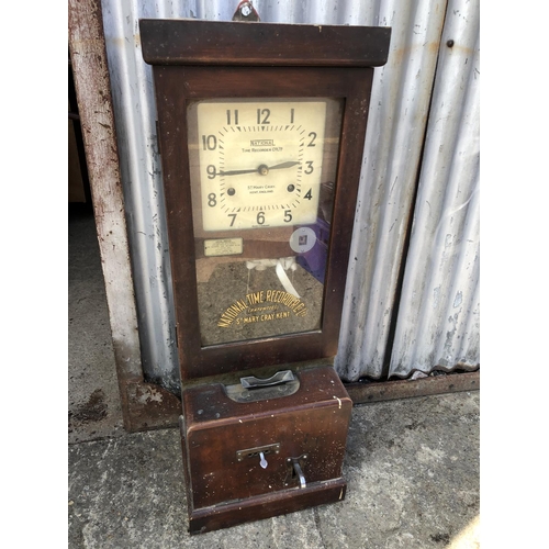 383 - An original 'clocking in clock' manufactured by the National time recorder co. 100cm high (woodworm ... 