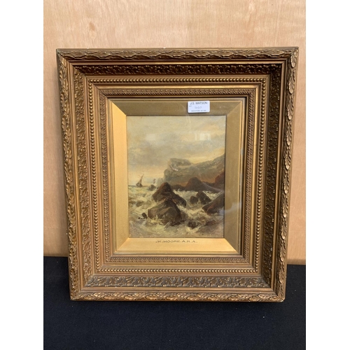 430 - Oil on board seascape by Henry Moore, some damage to canvas  40 x 44 cm