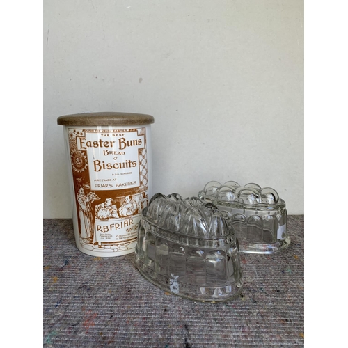 449 - Crown Devon Biscuit barrel, 20cm tall, storage jar and two jelly moulds