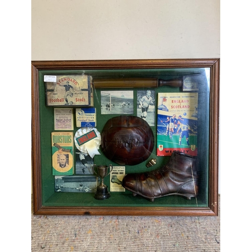 467 - Display case with 18th April 1953, England versus Scotland memorabila, 50 x 60cm