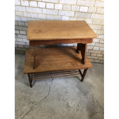 64 - A mid century teak coffee table with slatted under tier, together with another stool