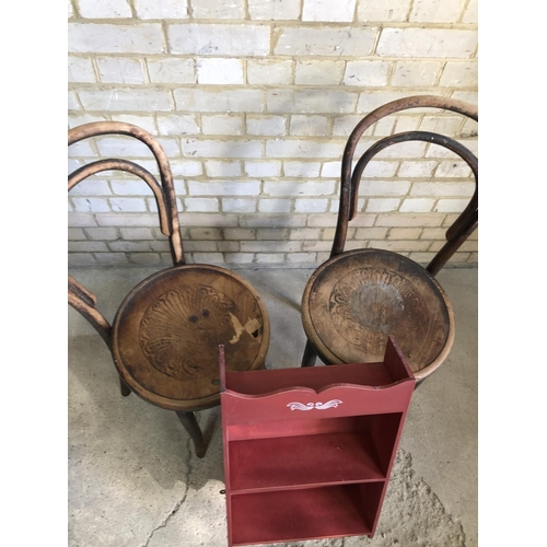 67 - Two bentwood chairs and a red painted shelf