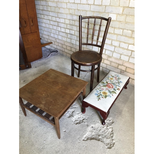 85 - Bentwood chair, together with a teak table and a floral stool