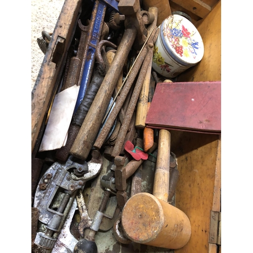49 - A vintage wooden tool chest full of tools