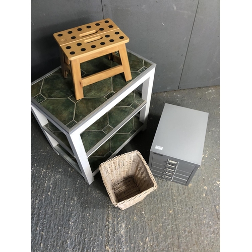 23 - Painted shelf, stool, basket and Bisley filing drawers