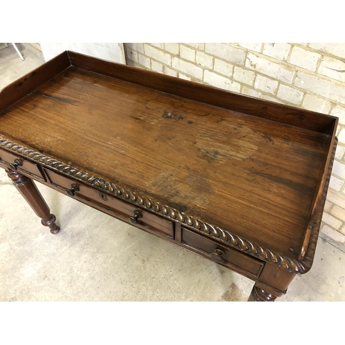 93 - A  Victorian rosewood three drawer writing table with a gallery back 116x52x73