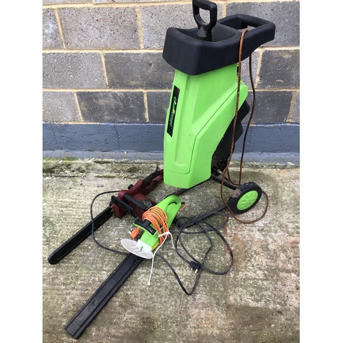 61 - An electric garden shedder, electric hedge cutter and electric chain saw