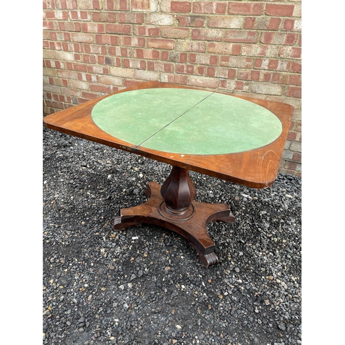 122 - A Victorian mahogany fold over card table with a green baize playing surface