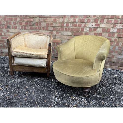 124 - A Victorian gold upholstered bedroom chair together with an oak framed bedroom chair
