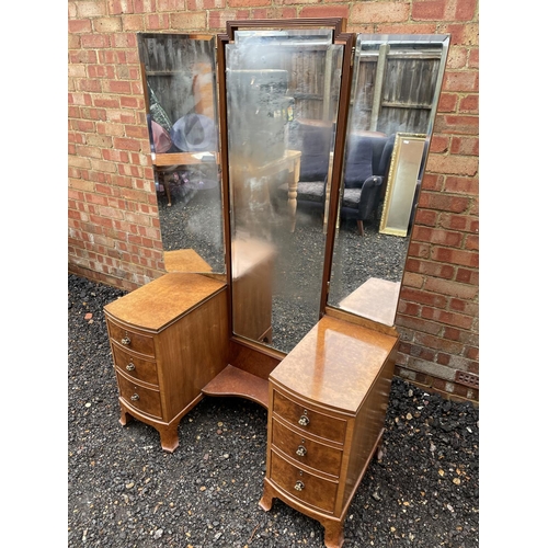 208 - A 20th century walnut dressing table, central mirror flanked by two banks of three drawers