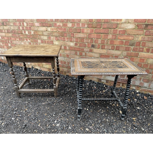 252 - An eastern style inlaid table together with an oak occasional table