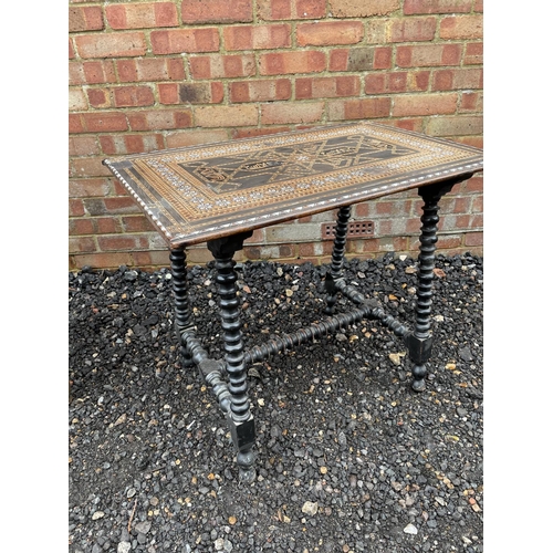 252 - An eastern style inlaid table together with an oak occasional table