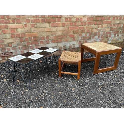 254 - a 1950's coffee table together with a teak table and a Rush stool