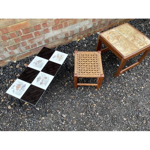 254 - a 1950's coffee table together with a teak table and a Rush stool