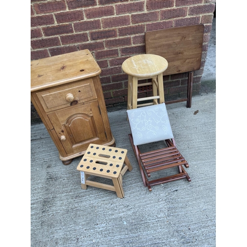 273 - Pine bedside, three stools and folding table