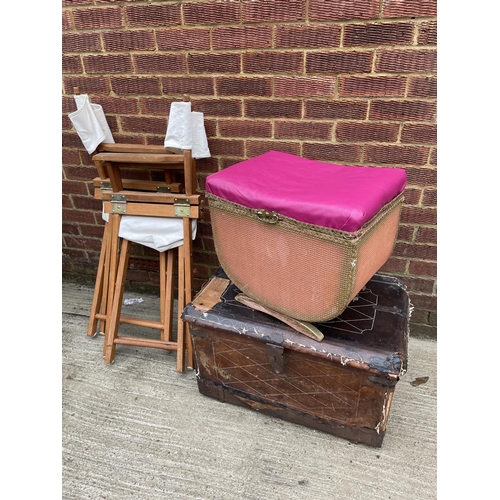 307 - Leather covered trunk, linen box and two directors chairs