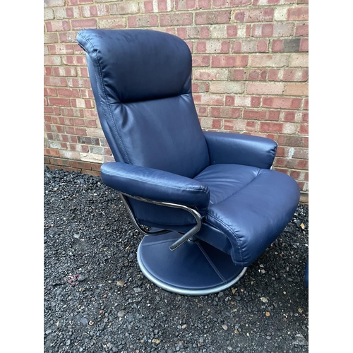 331 - A blue leather reclining armchair, raised on a chrome base, together with footstool