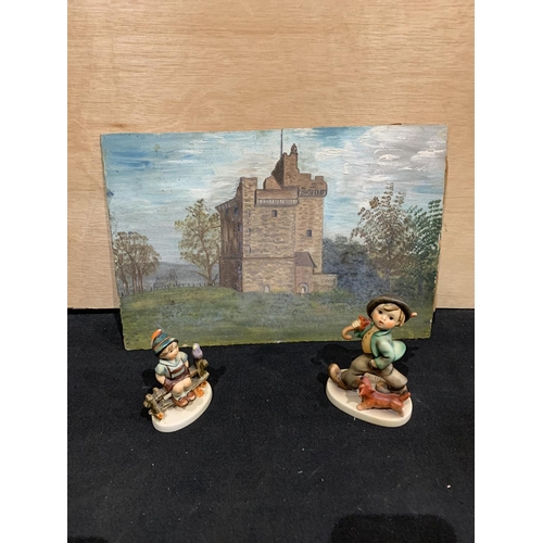 469 - Victorian oil on board and 2 Goebel figures