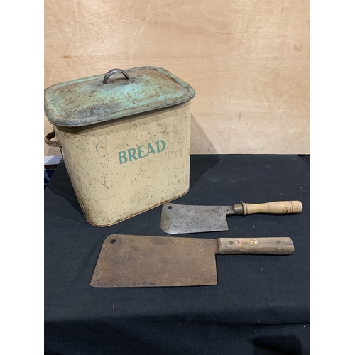 471 - Vintage enamel bread bin and two meat cleavers