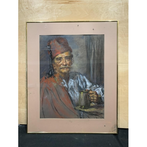 475 - Framed pastel drawing Arabian man holding tankard, 74 x 90cm