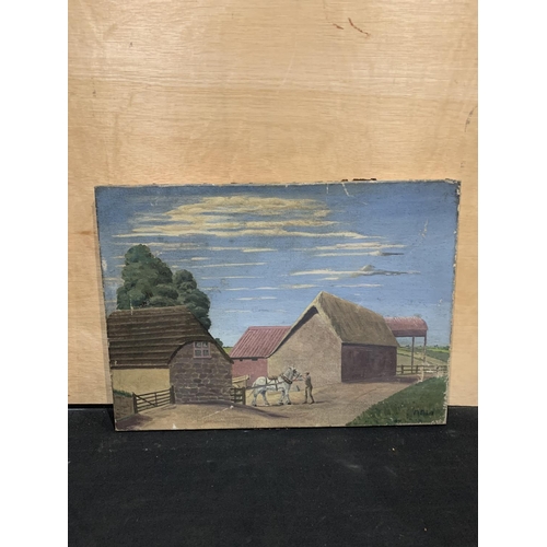 476 - Unframed oil on canvas of farm near Chard, signed M Foxell, 56 x 40cm