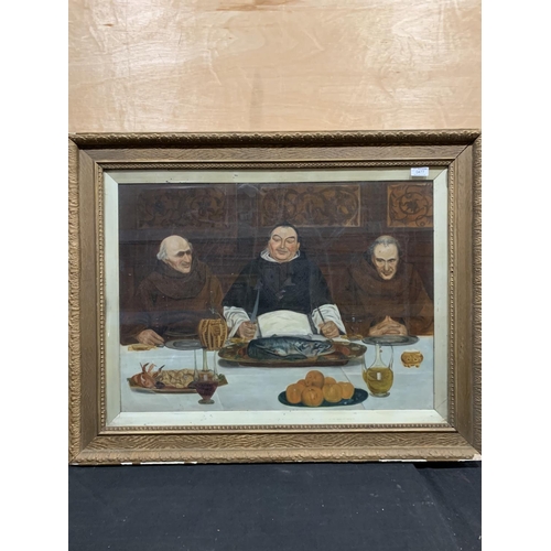 477 - Framed and glazed picture on canvas of Monks supper, 97 x 77cm