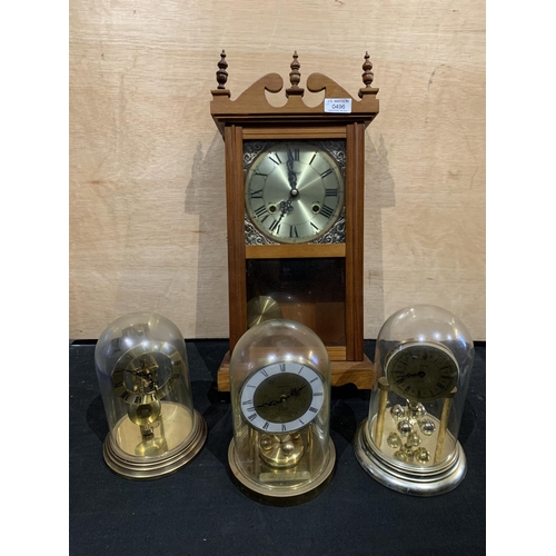 496 - 3 domed clocks and wooden wall clock