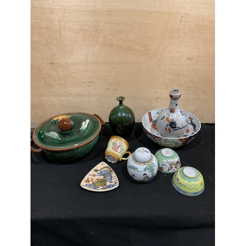 512 - Oriental bowl and vase and 3 other pieces, pottery tureen, jar, cup and dish