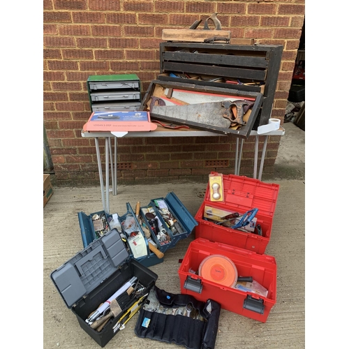 577 - Wooden box of tools, fitted bags drawer, 4 tool boxes and contents and roll of tools