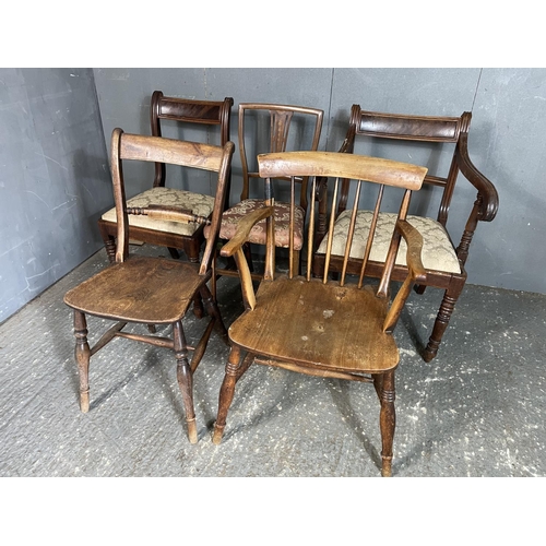 59 - Two Windsor style chairs together with three assorted Mahogany chairs