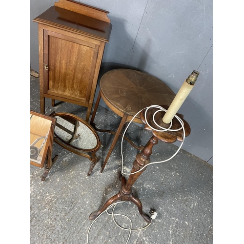 60 - A mahogany bedside, two swing mirror, ocassional table and a lamp stand