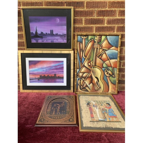 719 - 2 framed watercolours of New York by V Tixon, wooden plaque, Egyptian picture and abstract oil on bo... 