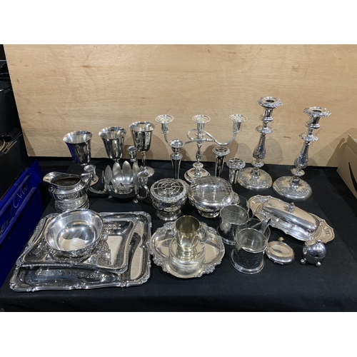 720 - Pair silver plated candlesticks, 27cm tall and collection of platedware (2)