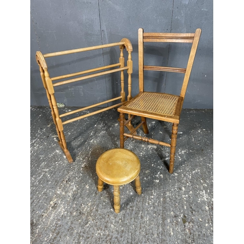 80 - Pine towel rail, together with Bergere chair and stool
