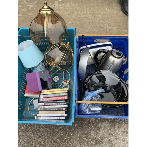 853 - Two crates of Electricals - slow cooker, 3 lamps, Samsung phone, Roberts radio etc